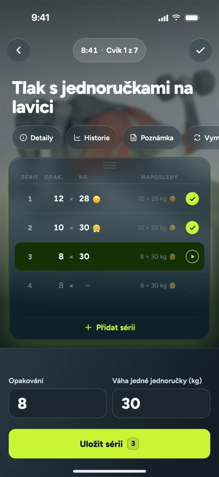 Zápis série během tréninku