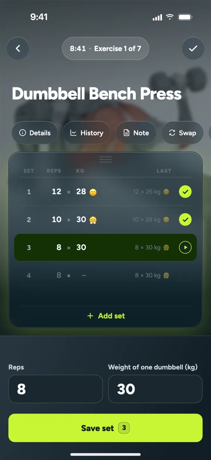 Logging a set during a workout